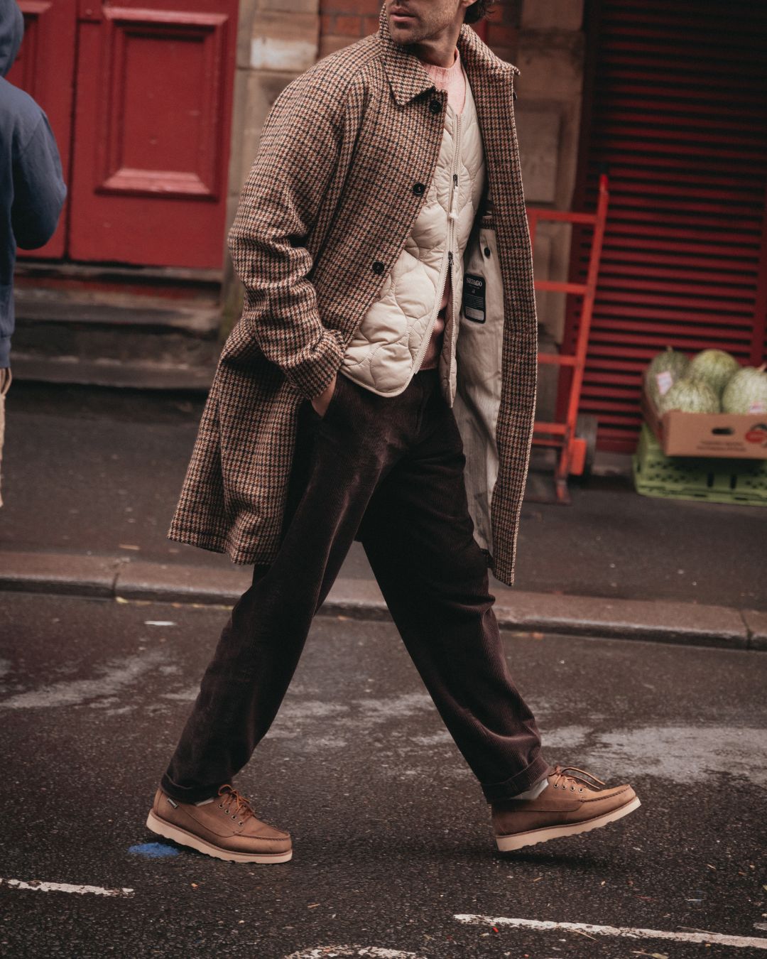 Beige brown Unisex Long Wool Jacket with Houndstooth Weave | Sebago