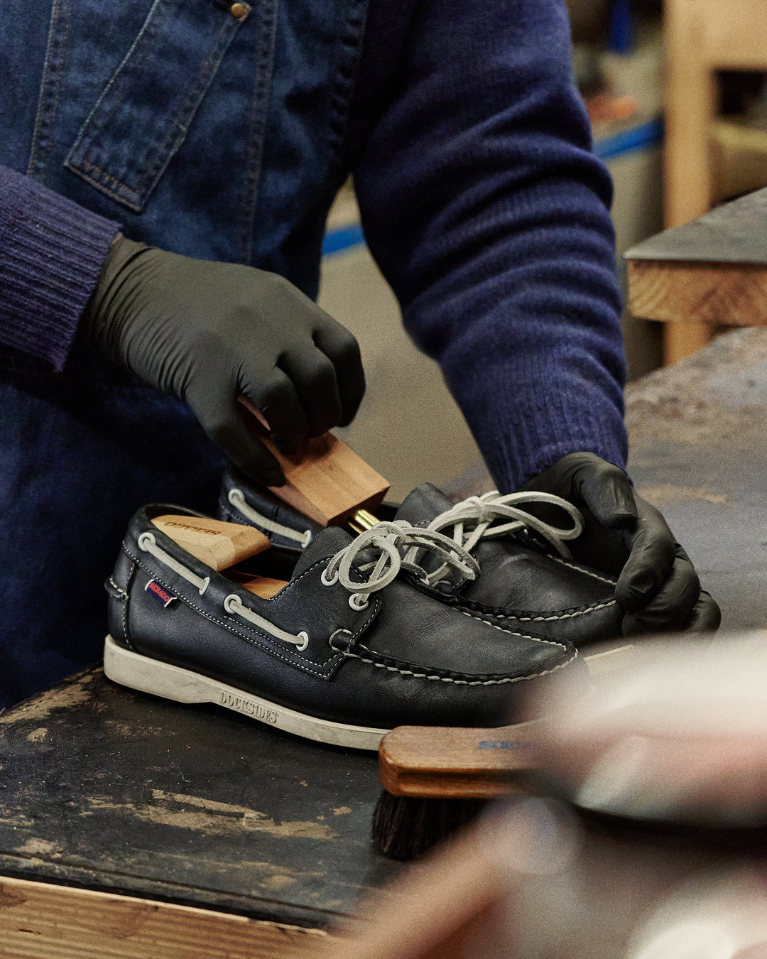 Sebago: Step 1. Shape Insert cedar shoe trees to maintain shape and absorb moisture.