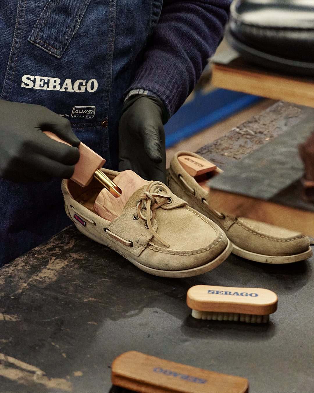 Sebago: Step 1. Shape Insert shoe trees (ideally cedar wood) to maintain the shape...