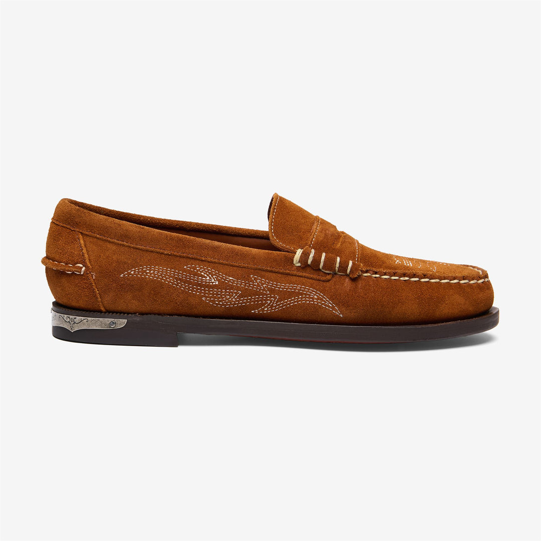 Cognacbraune Damen-Mokassinschuhe im Cowboy-Stil 01