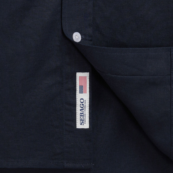 Blue unisex classic linen leisure shirt with pocket 3