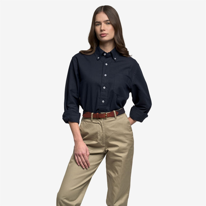 Blue unisex classic linen leisure shirt with pocket 4