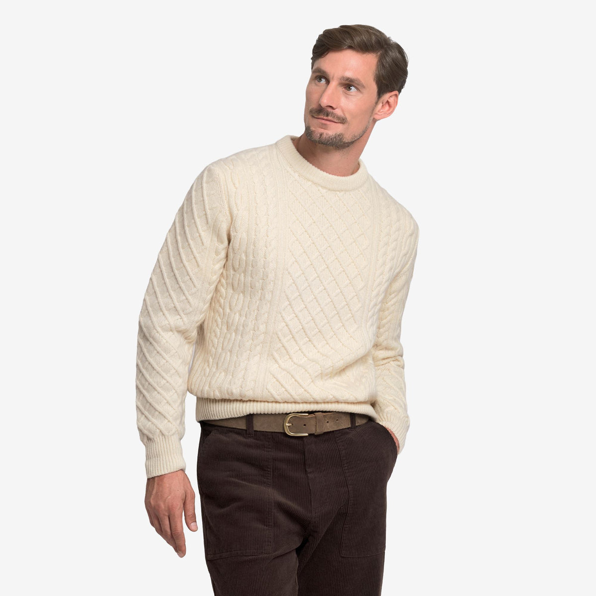Weißer Unisex-Wollpullover mit Zopfmuster