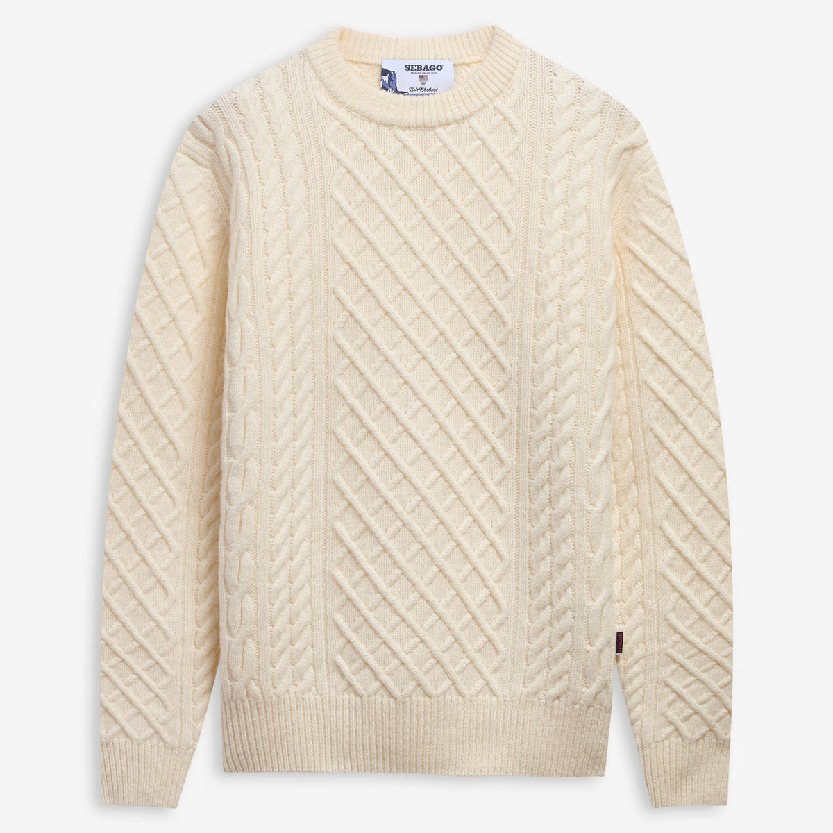 Weißer Unisex-Wollpullover mit Zopfmuster