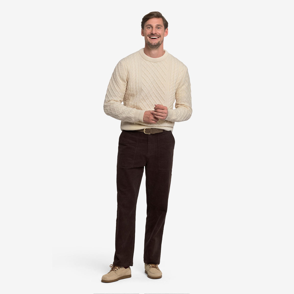 Weißer Unisex-Wollpullover mit Zopfmuster