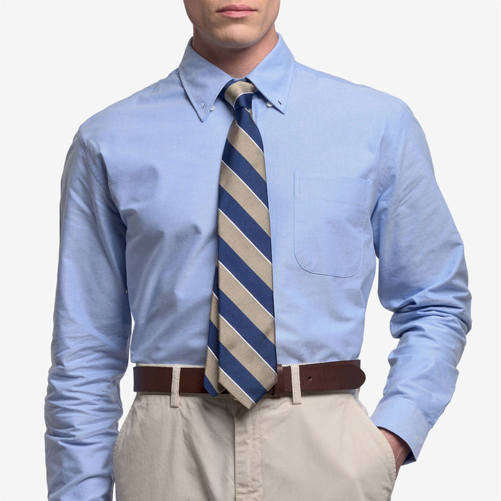 Blau-beige Herren-Seidenkrawatte im Regimentsstil mit Streifen 3