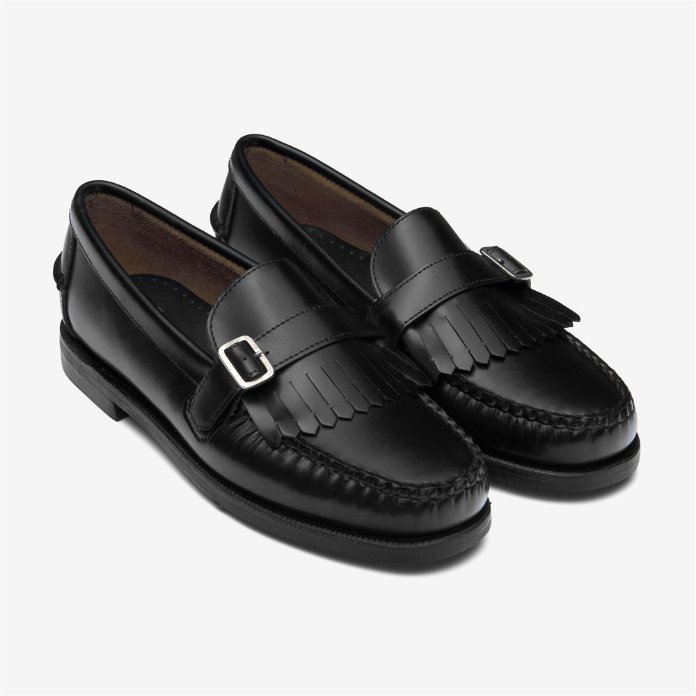Black Women's Leather Moccasin Loafers with Fringe Detail 02