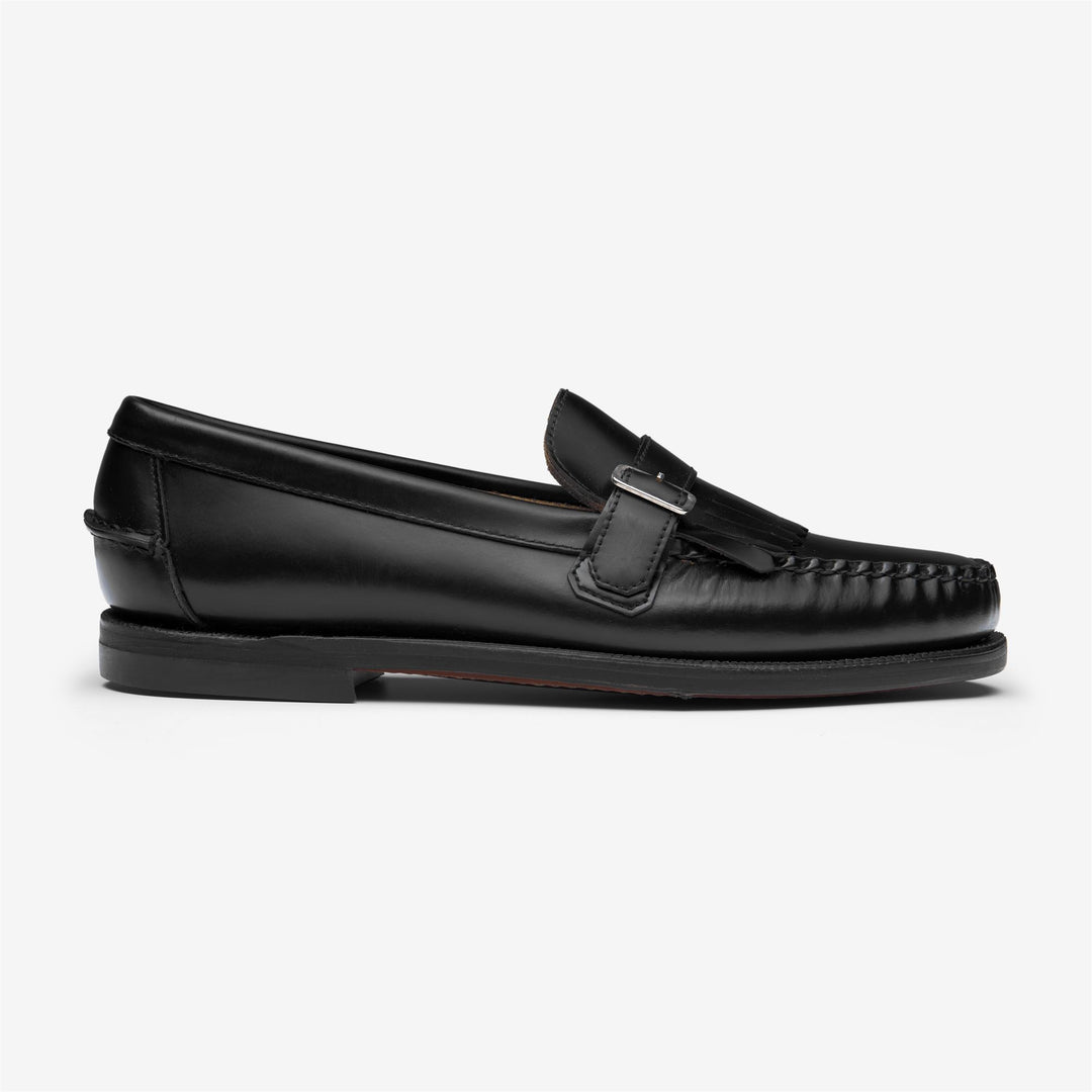 Black Women's Leather Moccasin Loafers with Fringe Detail 01