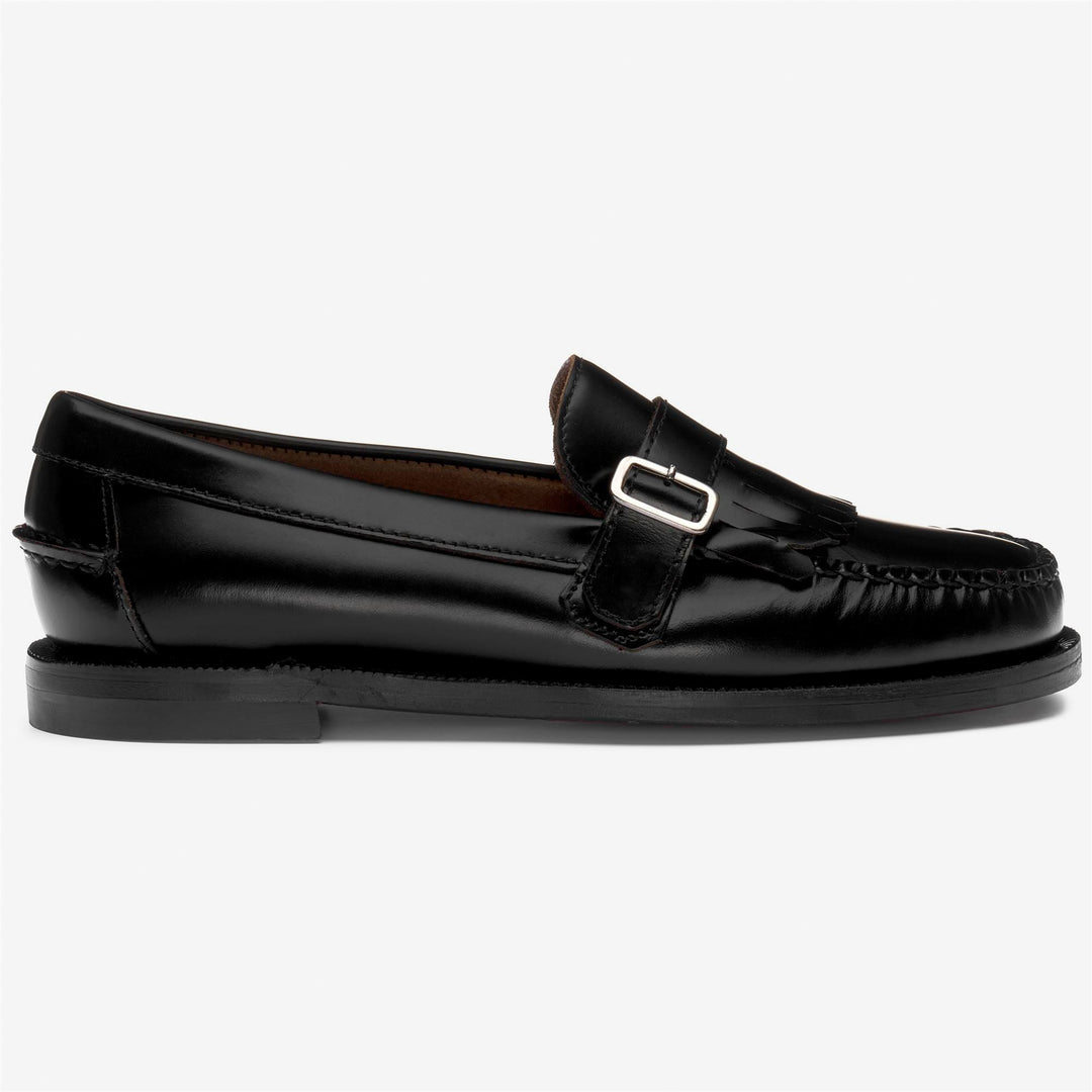 Mocasines negros de piel para mujer con detalle de flecos 01