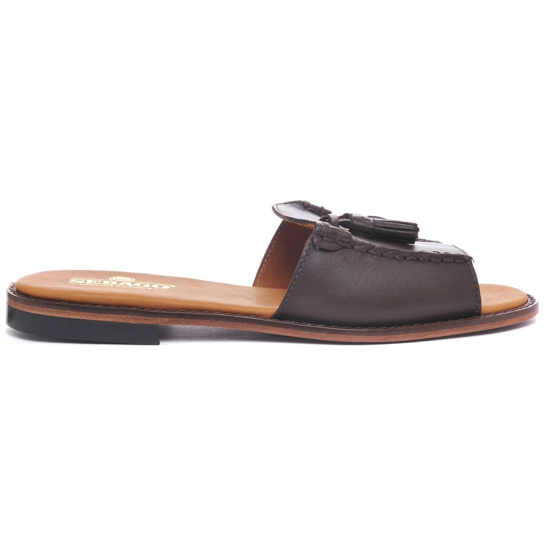 Sandali da donna casual marroni, modello slip-on con tomaia in pelle. 01
