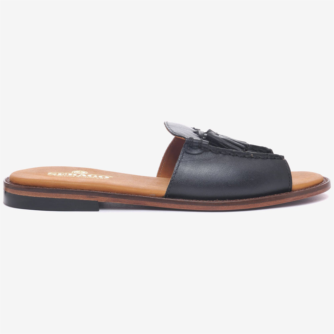 Sandali da donna neri casual, modello slip-on, con cinturino in pelle. 01