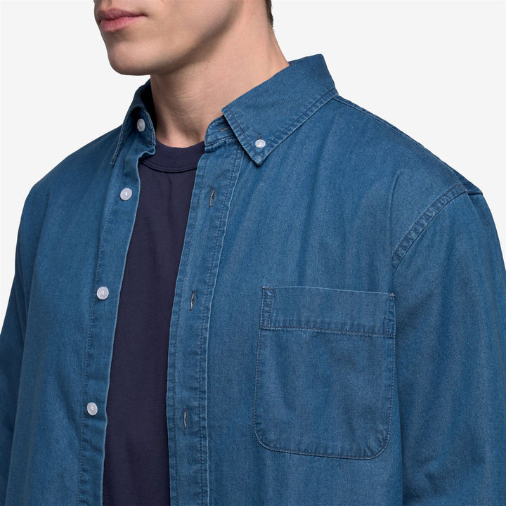 Indigo blue Unisex Casual Denim Shirt with Button-Down Collar 5