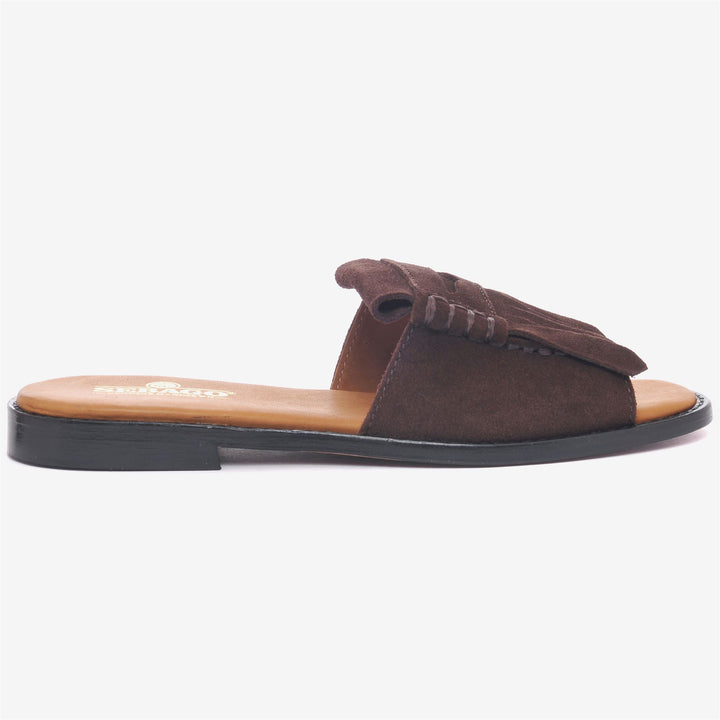 Brown Women's Slip On Sandals with Fringe Detail 1