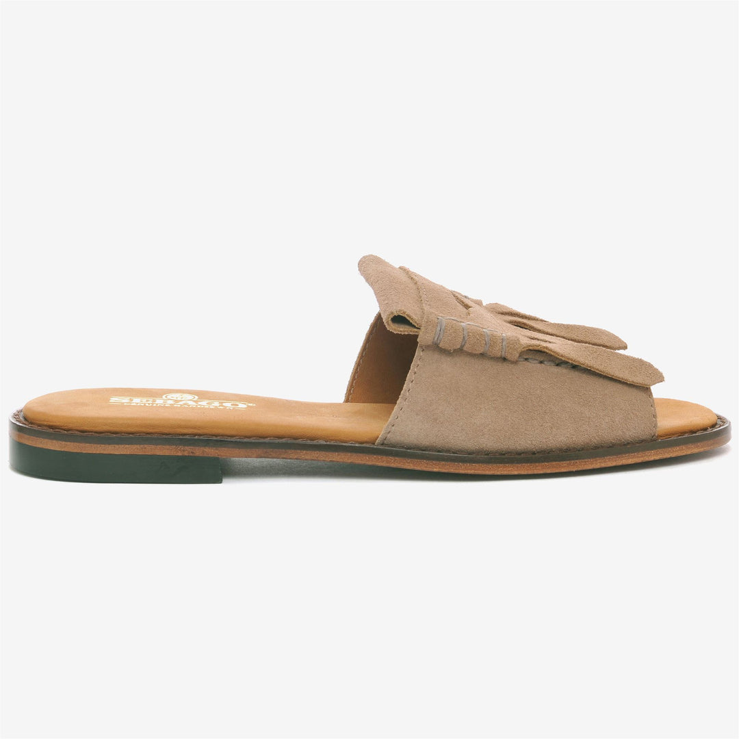 Beige Women's Slide On Sandals with Maxi Fringe Detail 01
