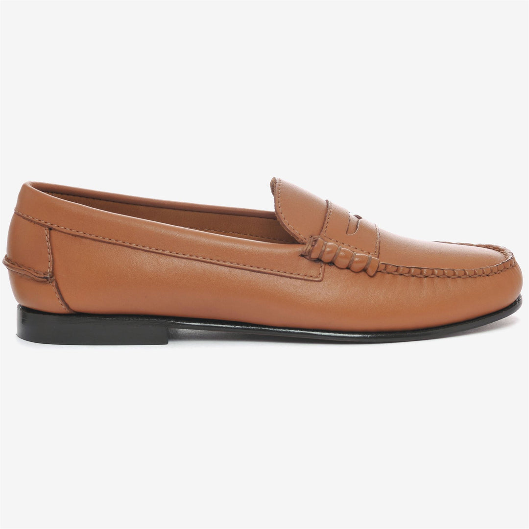 Mocassini da donna marroni in pelle, modello slip-on con tacco in gomma sagomata. 01