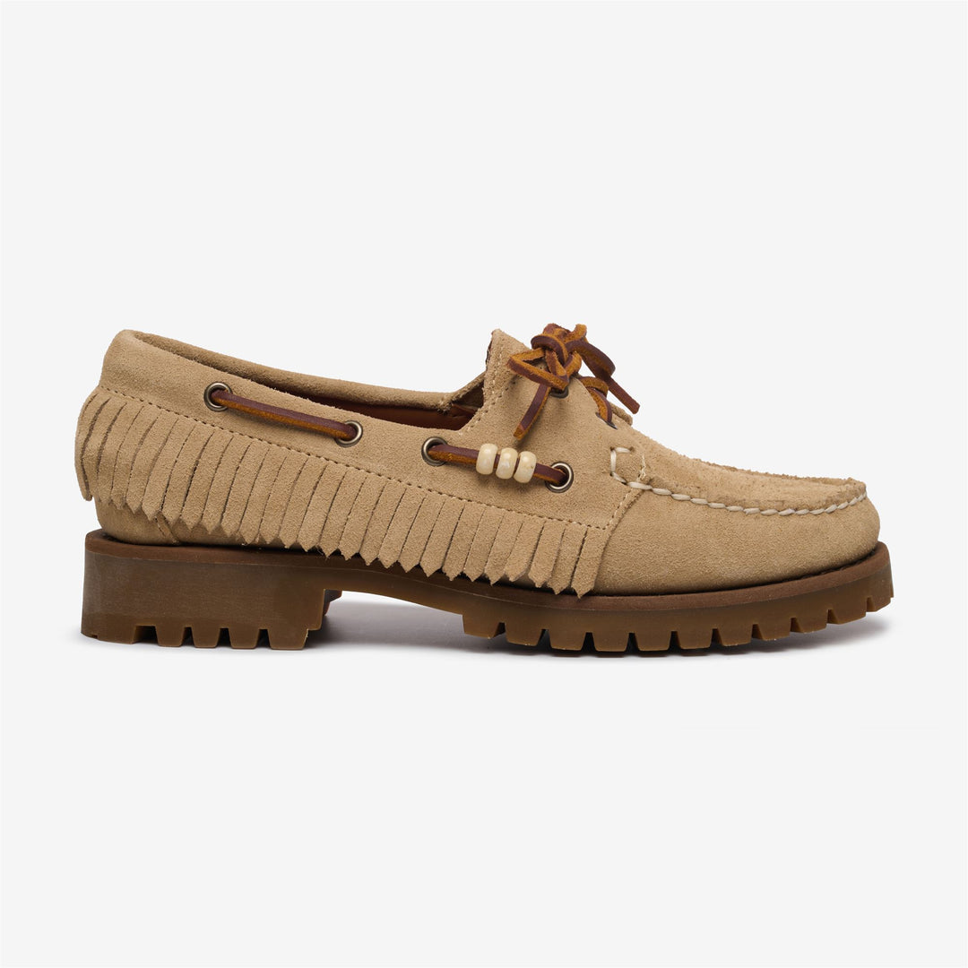 Beige Women's Suede Moccasin with Fringe and Bead Detail 01