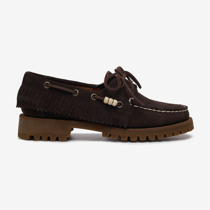 Mocassino da donna in pelle scamosciata marrone con frange e dettagli di perline 1
