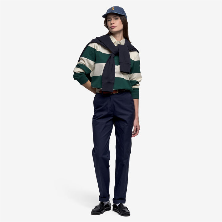 Polo unisex de manga larga blanco y verde con jersey de algodón a rayas 6