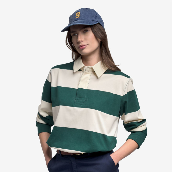 Polo unisex de manga larga blanco y verde con jersey de algodón a rayas 5