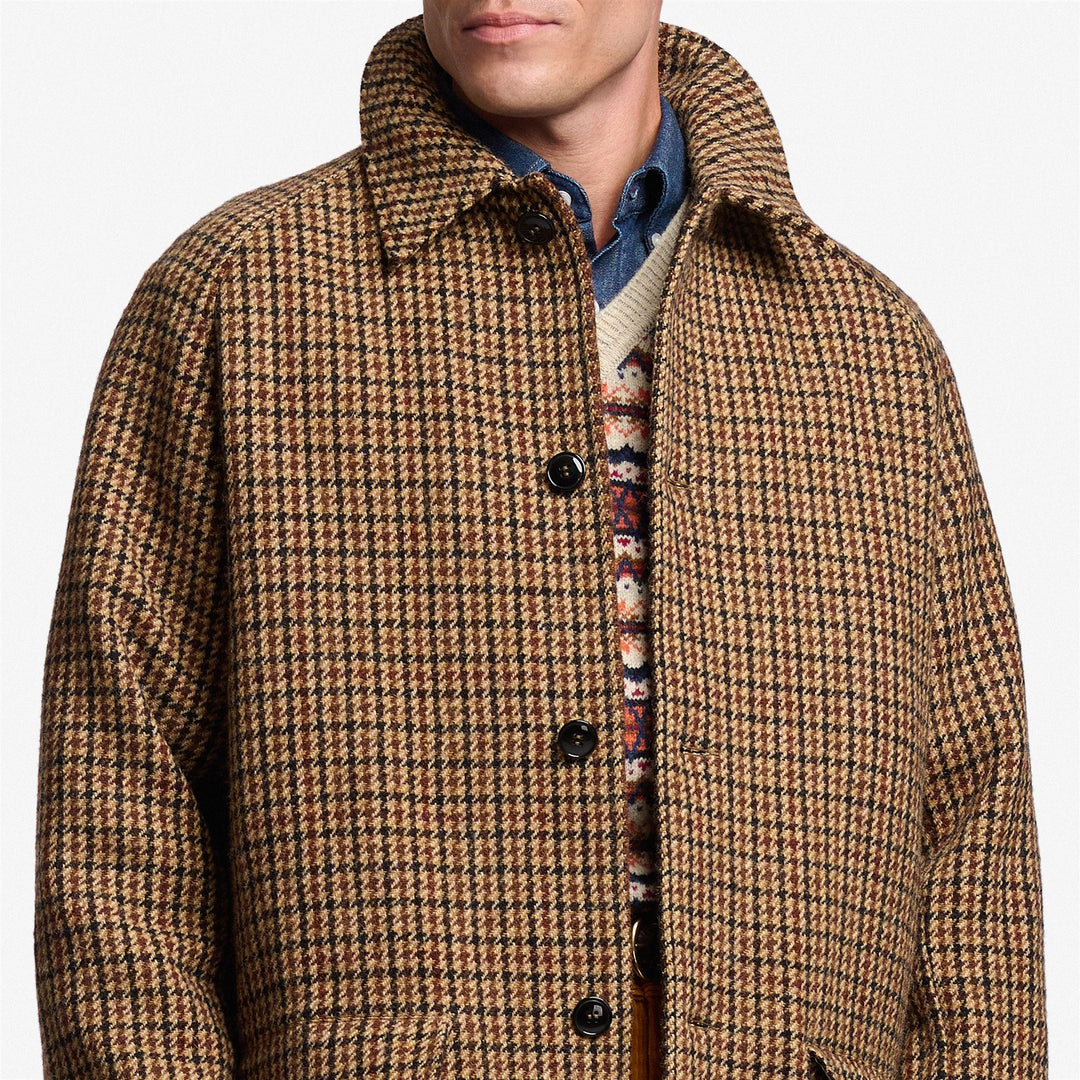 Giacca lunga unisex in lana beige marrone con trama pied de poule main