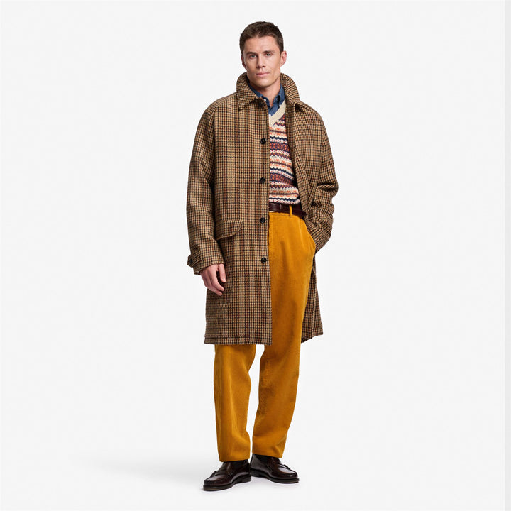 Giacca lunga unisex in lana beige marrone con trama pied de poule 3