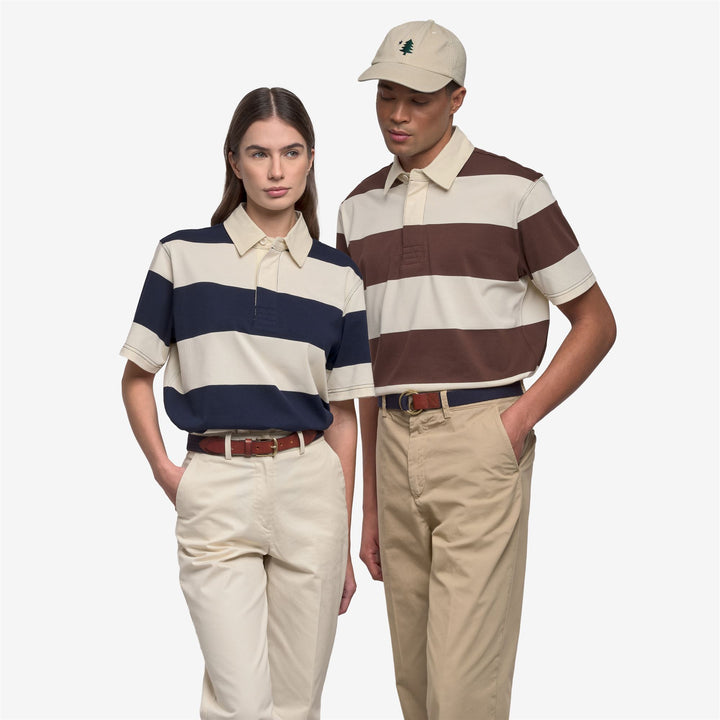 Polo unisex classica a righe in cotone bianco marrone 3