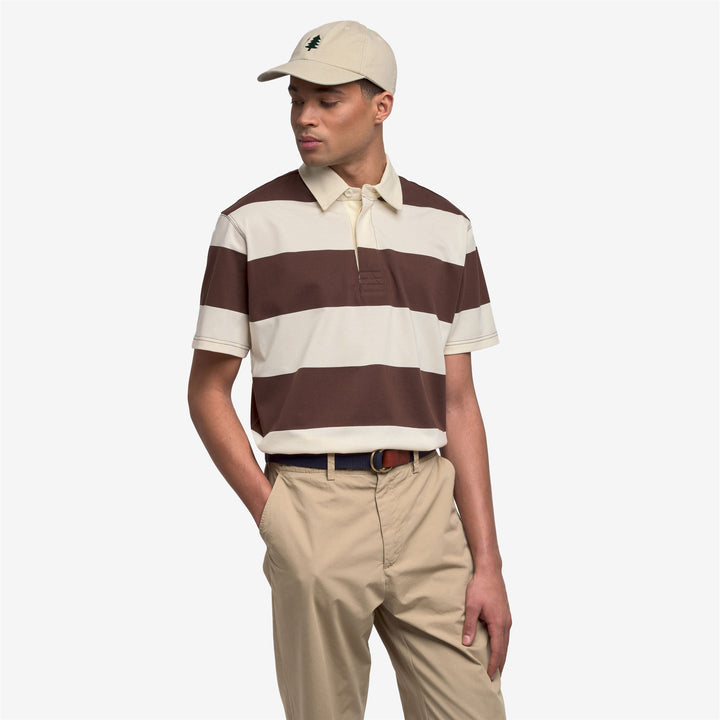 Polo unisex classica a righe in cotone bianco marrone 5