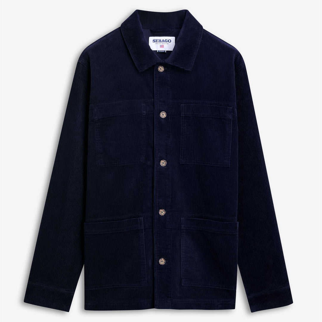 Chaqueta de trabajo unisex de pana azul oscuro de longitud media main