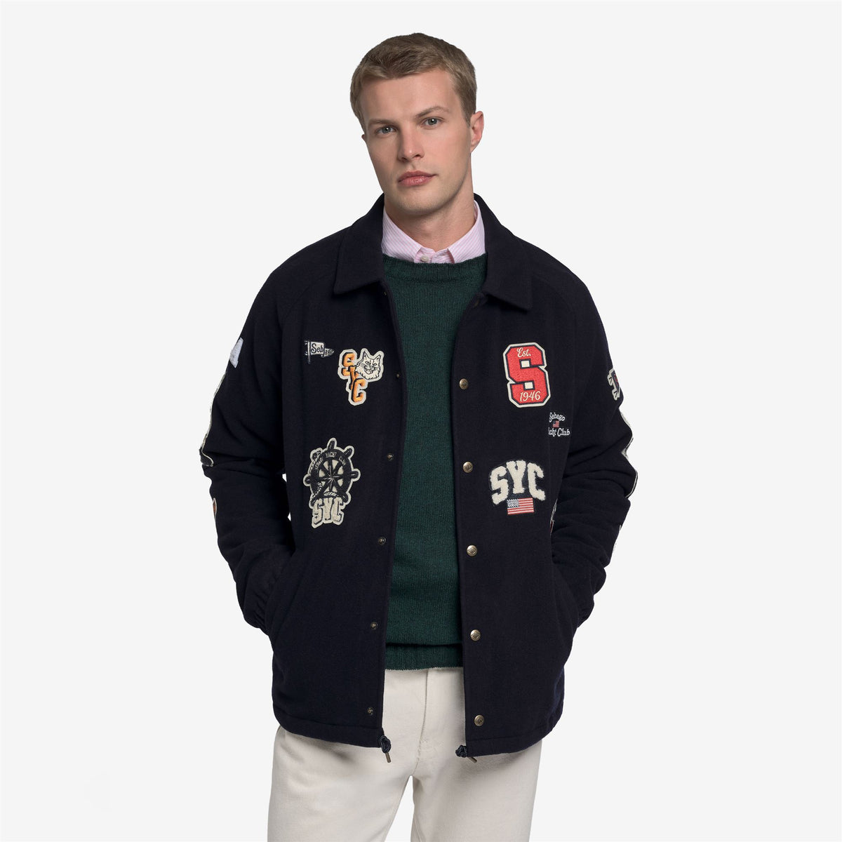Blue Unisex Wool Coach Jacket