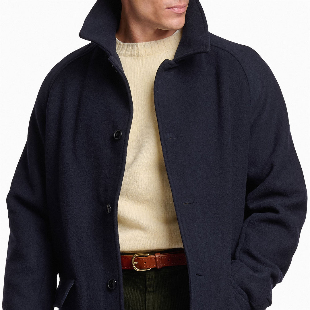 Chaqueta larga de lana unisex azul oscuro con solapa desmontable main