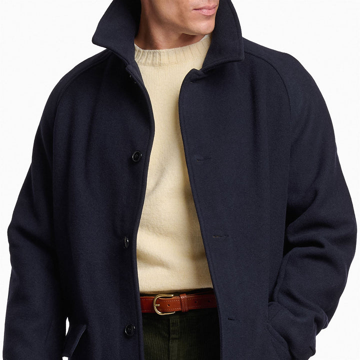 Chaqueta larga de lana unisex azul oscuro con solapa desmontable 3