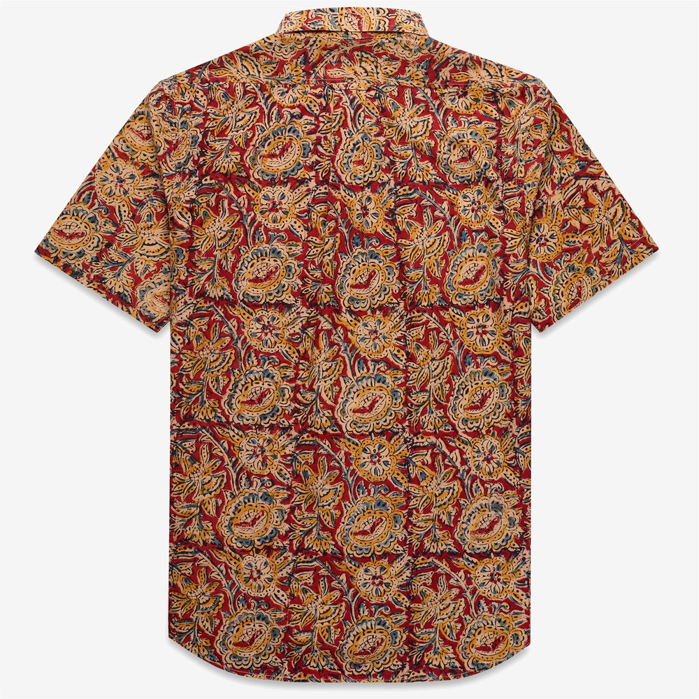 Camicia unisex gialla con bottoni e stampa multicolore 02