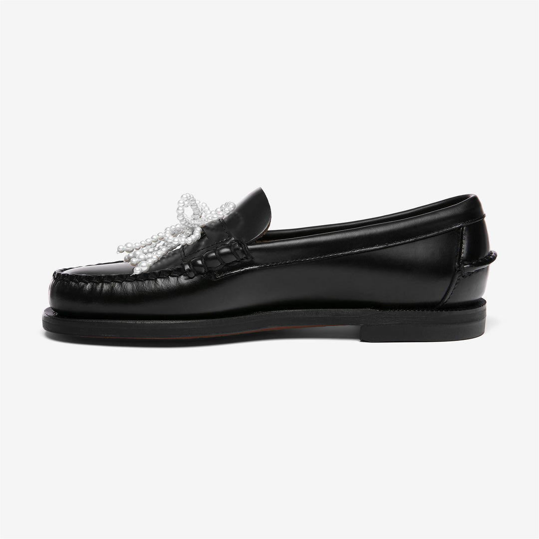 Mocasines de piel negros para mujer con lazo de perlas main