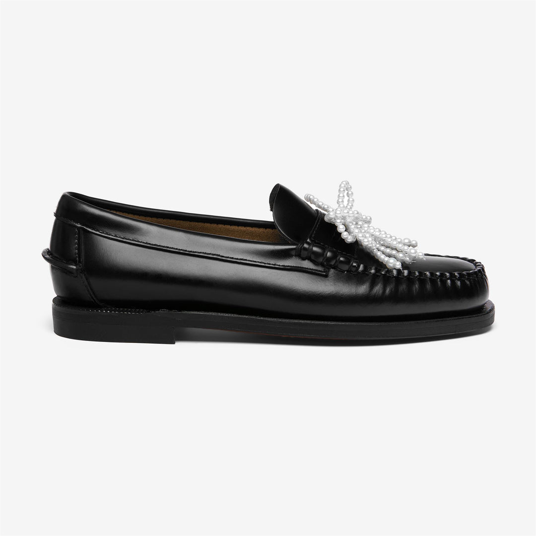 Mocasines de piel negros para mujer con lazo de perlas main