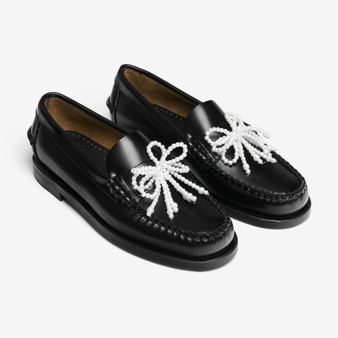 Mocasines de piel negros para mujer con lazo de perlas main