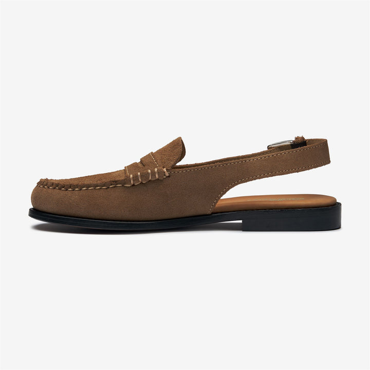 Sandalias tipo mocasín beige para mujer, ideales para negocios, con correa ajustable. 3