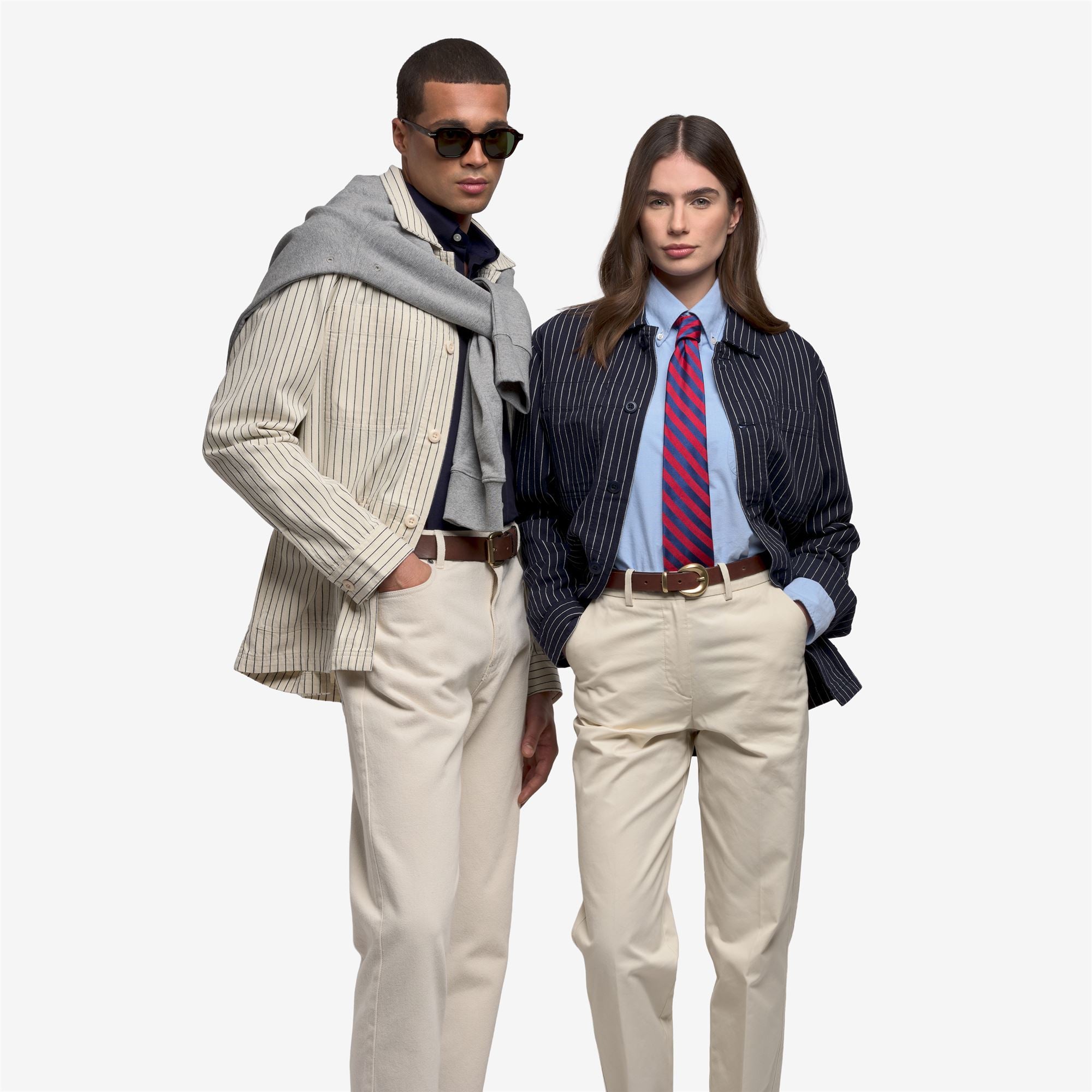 ノーカラージャケット SPECIAL GUESTSG Stripe Fabric Swing Tops White striped Unisex Mid Workwear Jacket for Leisure | Sebago