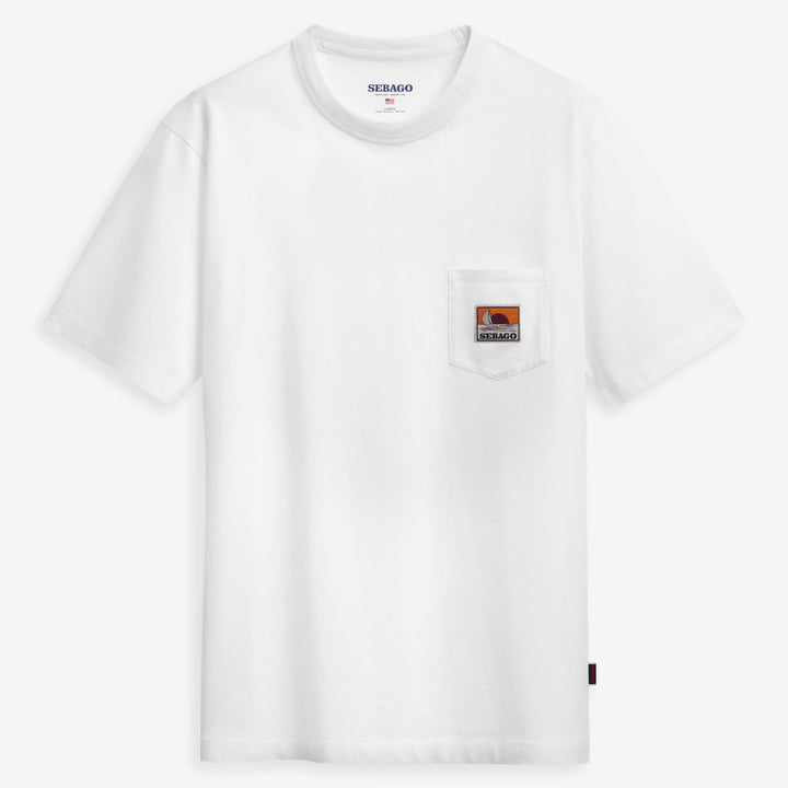 Weißes Unisex-Baumwoll-T-Shirt mit Segelboot-Taschenmotiv 1