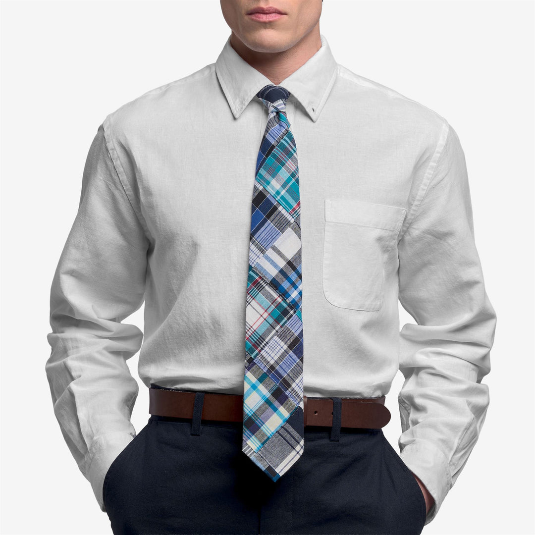 Cravate décontractée bleue en coton pour homme avec motif patchwork Madras main