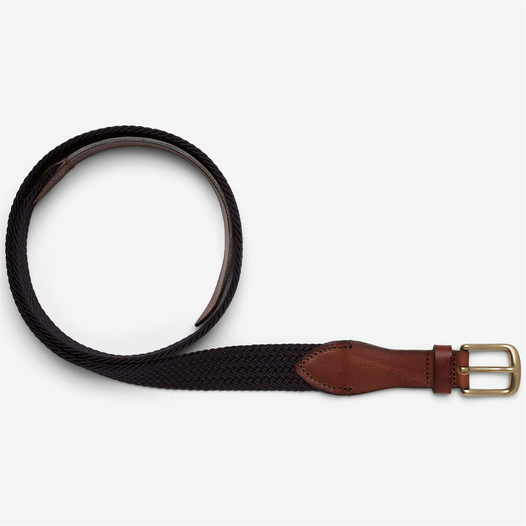 Cintura da uomo per il tempo libero blu navy con dettagli in pelle marrone 01
