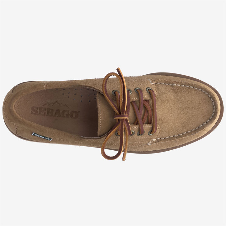 Beige women's suede low cut moccasins with lightweight sole 4