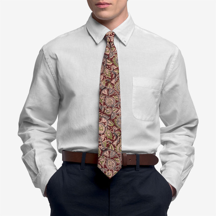 Corbata de algodón beige verde para hombre con estampado de bloques indios 3
