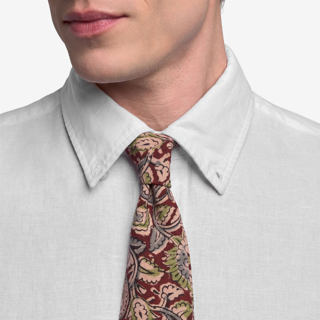 Corbata de algodón beige verde para hombre con estampado de bloques indios main