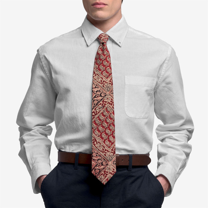 Orange Men's Cotton Tie with Indian Block Print 3