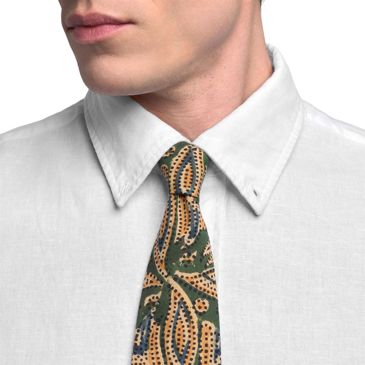 Fancy green-blue Men's Cotton Tie with Indian Block Print 4