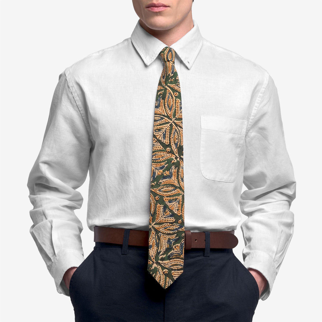 Fancy green-blue Men's Cotton Tie with Indian Block Print main