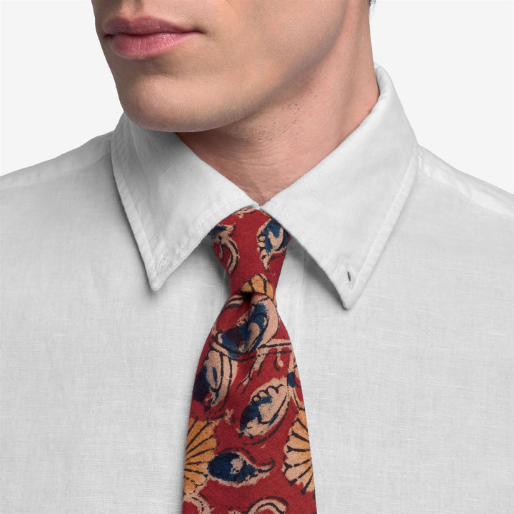 Red and Yellow Men's Cotton Tie with Indian Block Print 4