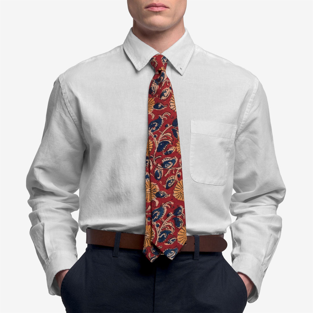 Red and Yellow Men's Cotton Tie with Indian Block Print main