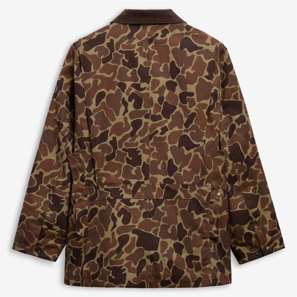 Chaqueta utilitaria unisex de lona color beige y marrón con estampado de camuflaje. 02