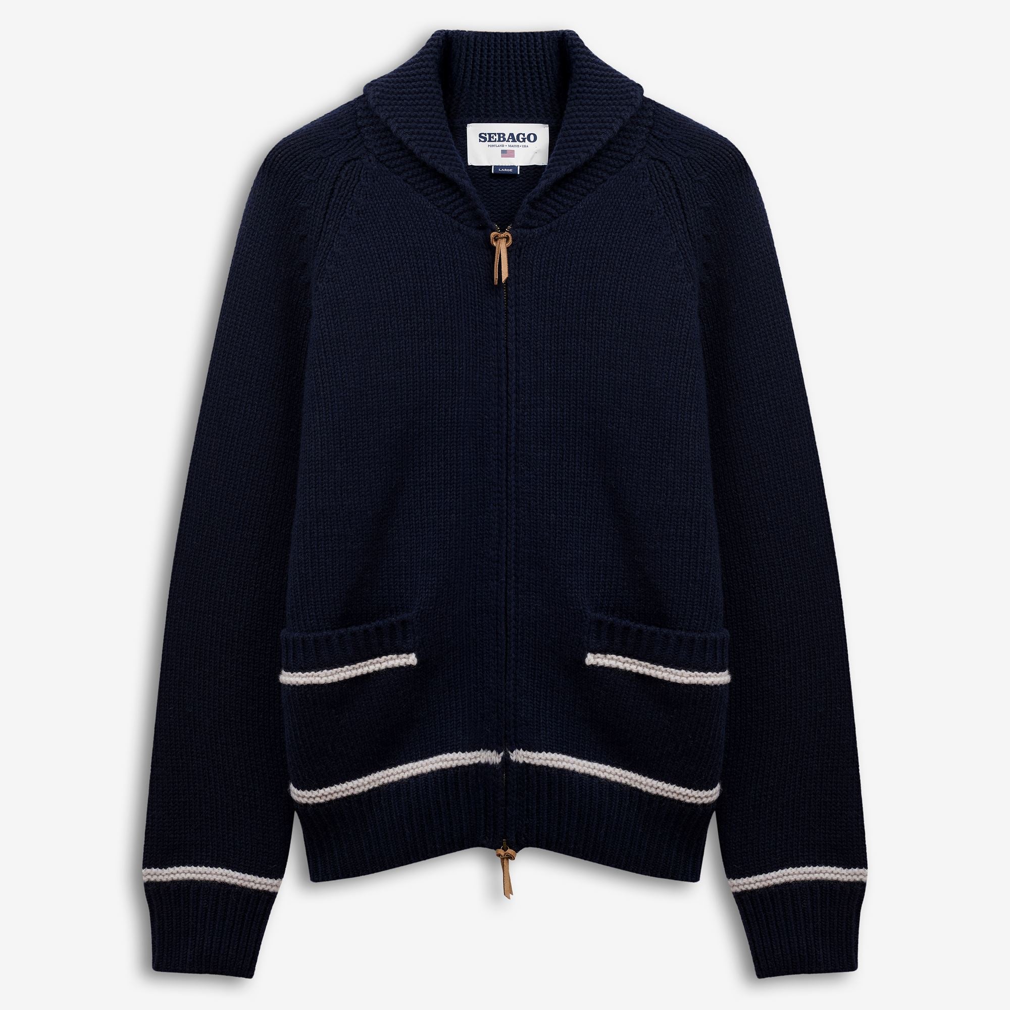 Knitwear_Unisex_PORTCLYDE_Cardigan_Blue DK-White Antique - Commercial 1